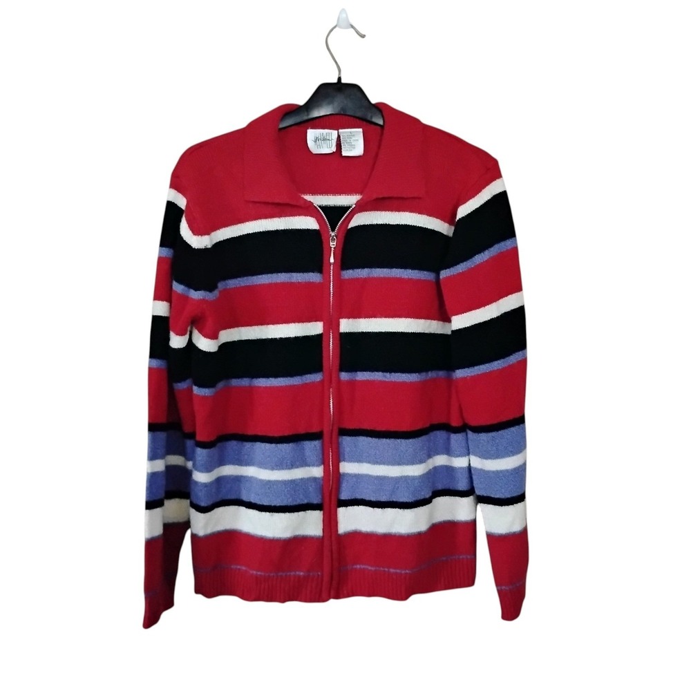 Jason Maxwell Womens Red Striped Full Zip Sweater Wool Blend Cardigan Large